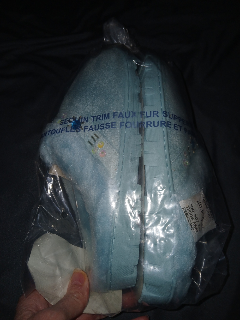 Sequin Trim Light Blue Faux Fur Slippers
